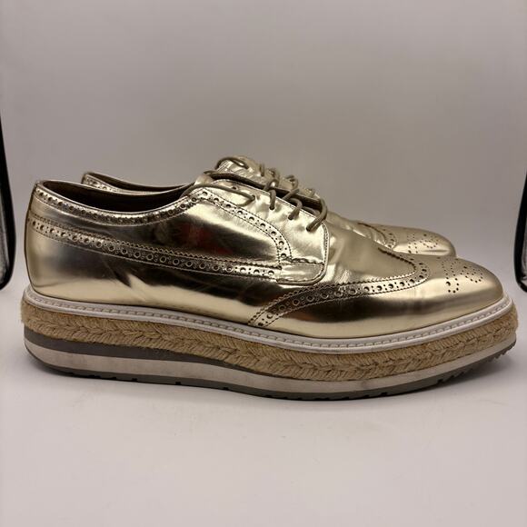 PRADA Brogue Platform Espadrille Oxford Wingtip Metallic Gold 9.5/US 10.5 $995